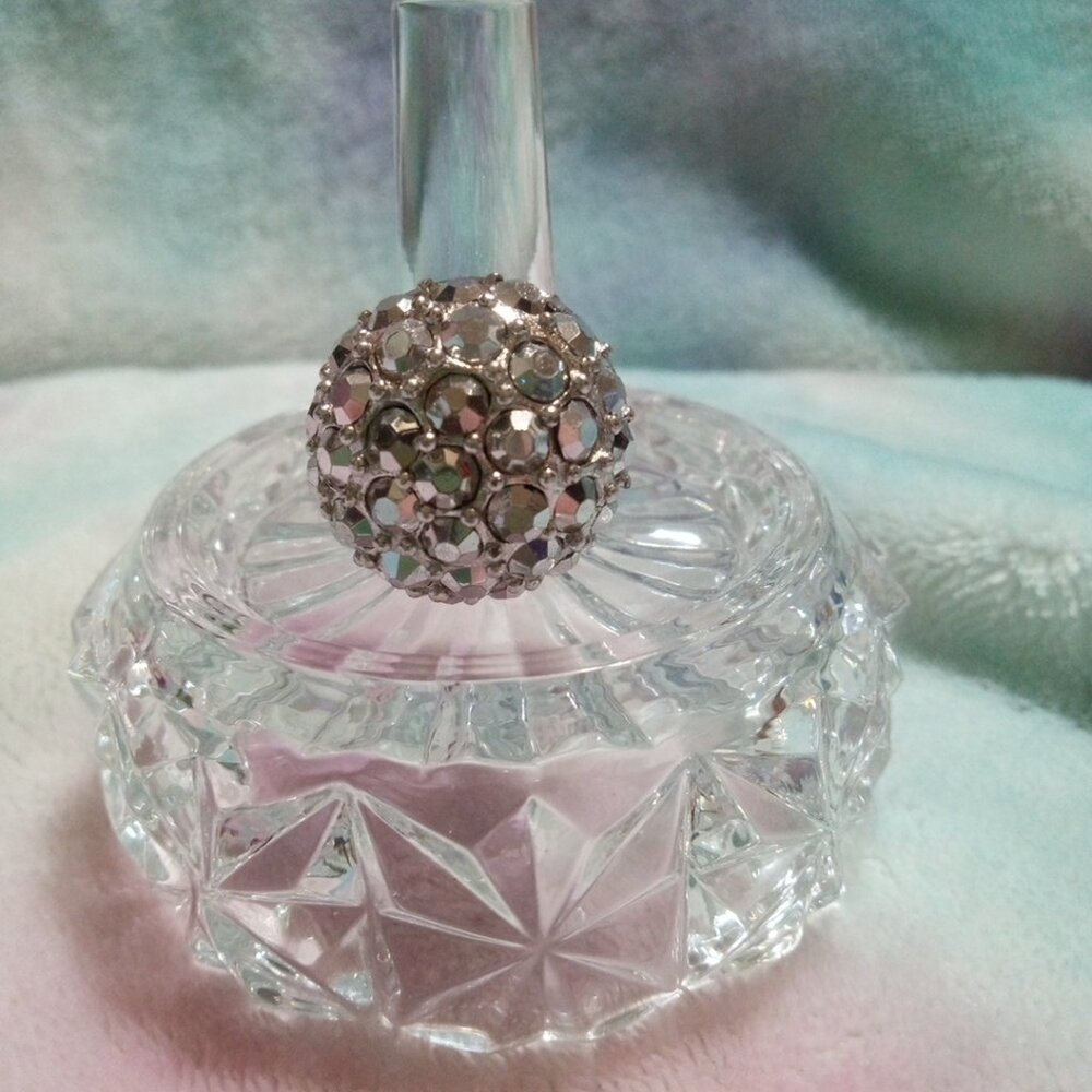 Size 7 Adjustable Cocktail Ring ~ Marcasite & Rhinestone Dome Shape Silver Tone